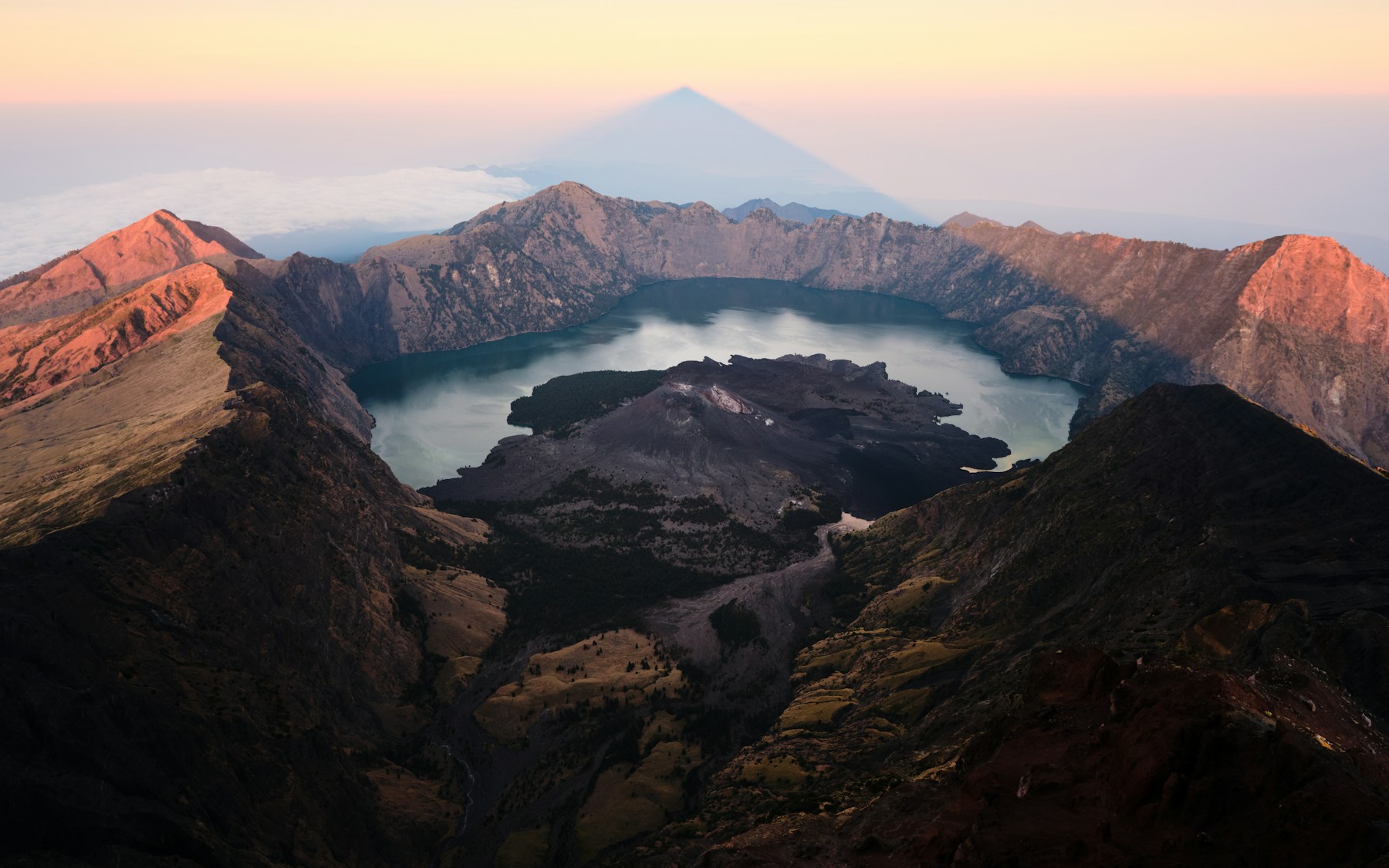 Mount Rinjani crater lake at sunrise